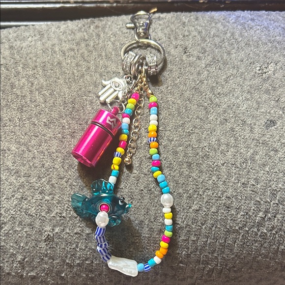 Multicolored Beaded Keychain with Pink Charm - Picture 2 of 2